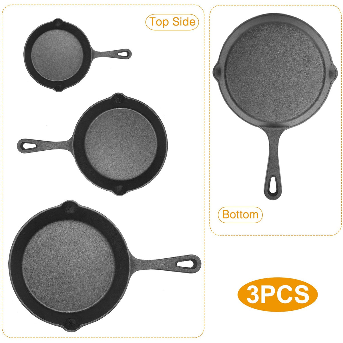 3Pcs Pre-Seasoned Cast Iron Skillet Set For Indoor Outdoor 6in 8in