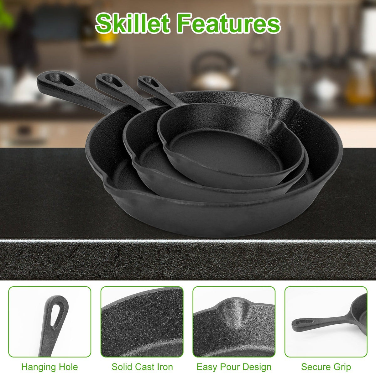3Pcs Pre-Seasoned Cast Iron Skillet Set For Indoor Outdoor 6in 8in