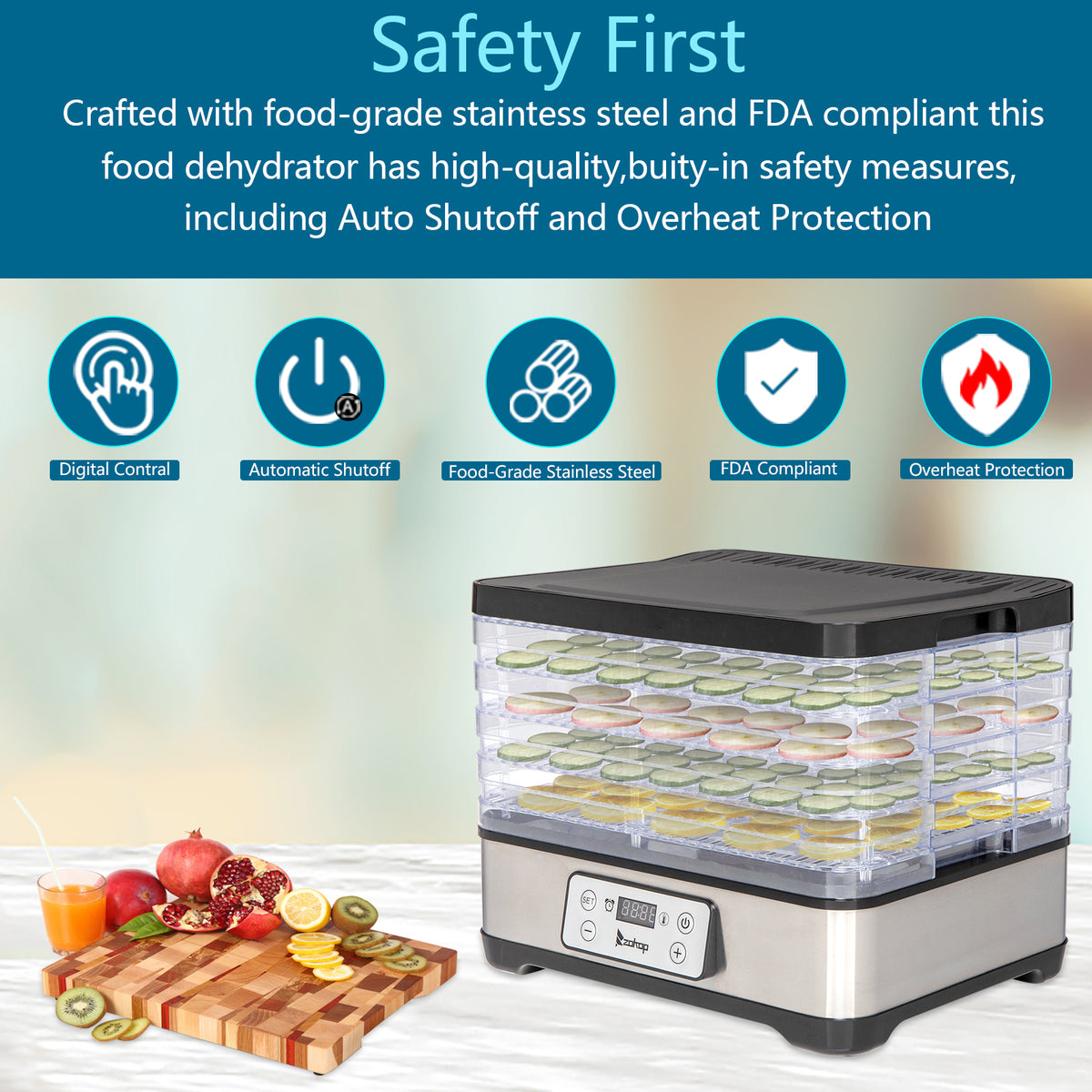 Large Drying Capacity Food Fruit Dehydrator with 5pcs Movable Trays