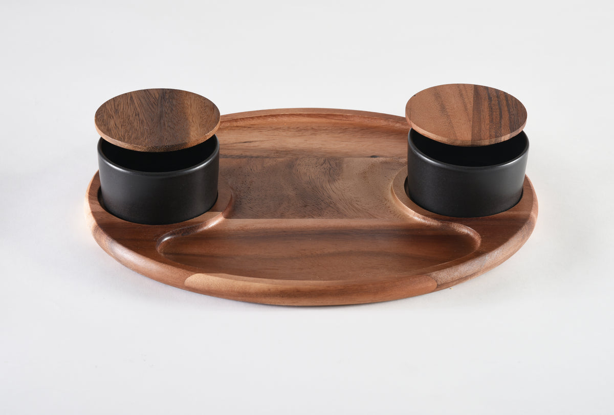 Charcuterie/ Serving Tray w/ 2 black ceramic bowls w/ lids 12" x 15"