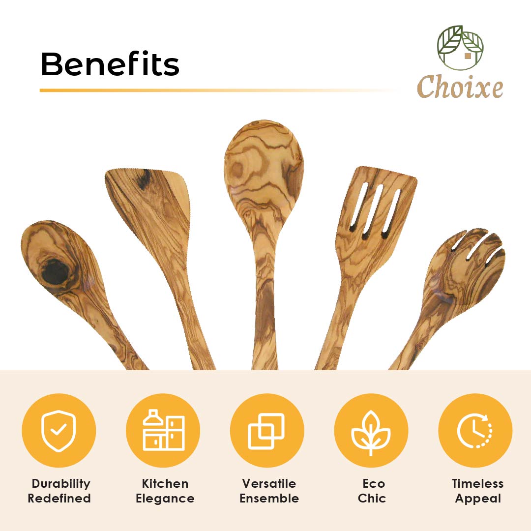 Olive Wood Kitchen Servers Set of 5 – Handcrafted Salad Serving Utensils