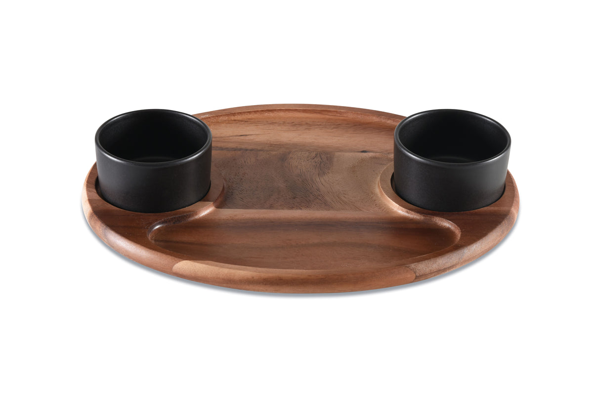 Charcuterie/ Serving Tray w/ 2 black ceramic bowls w/ lids 12" x 15"