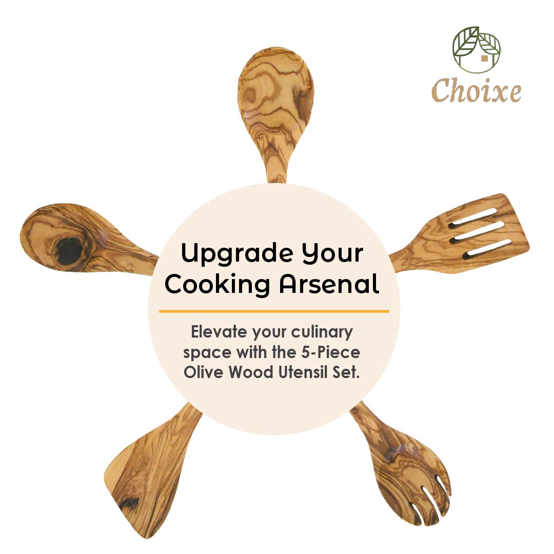 Olive Wood Kitchen Servers Set of 5 – Handcrafted Salad Serving Utensils