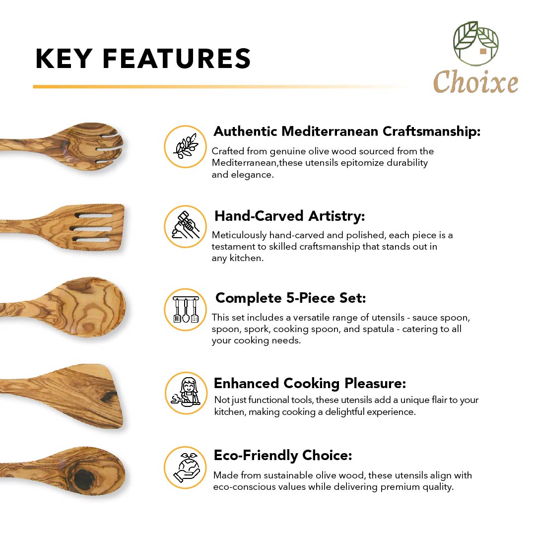 Olive Wood Kitchen Servers Set of 5 – Handcrafted Salad Serving Utensils