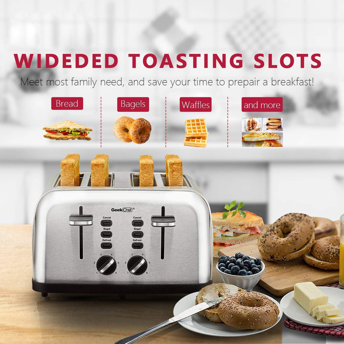 Geek Chef 4 Slice Toaster Stainless Steel Extra-Wide Slot Toaster