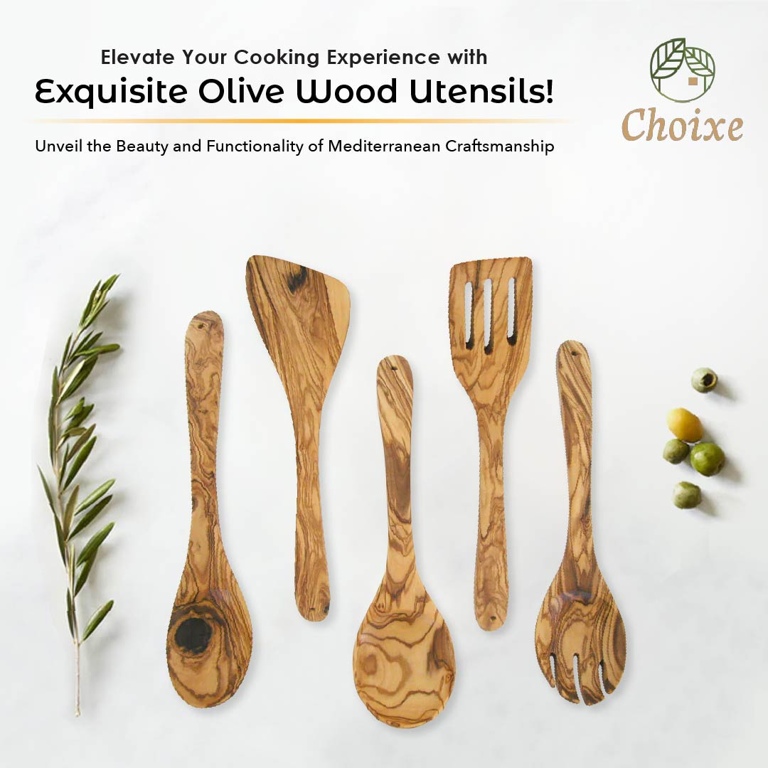Olive Wood Kitchen Servers Set of 5 – Handcrafted Salad Serving Utensils