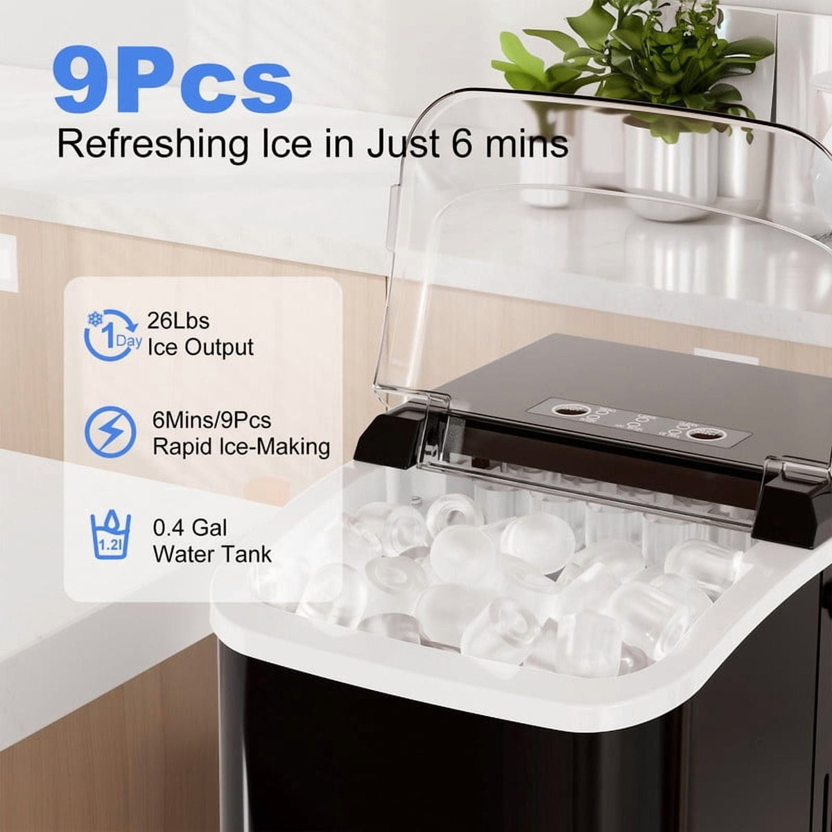 Countertop Ice Maker, 9 Bullet Ice Cubes in 6 Mins, 26lbs/24H, w/
