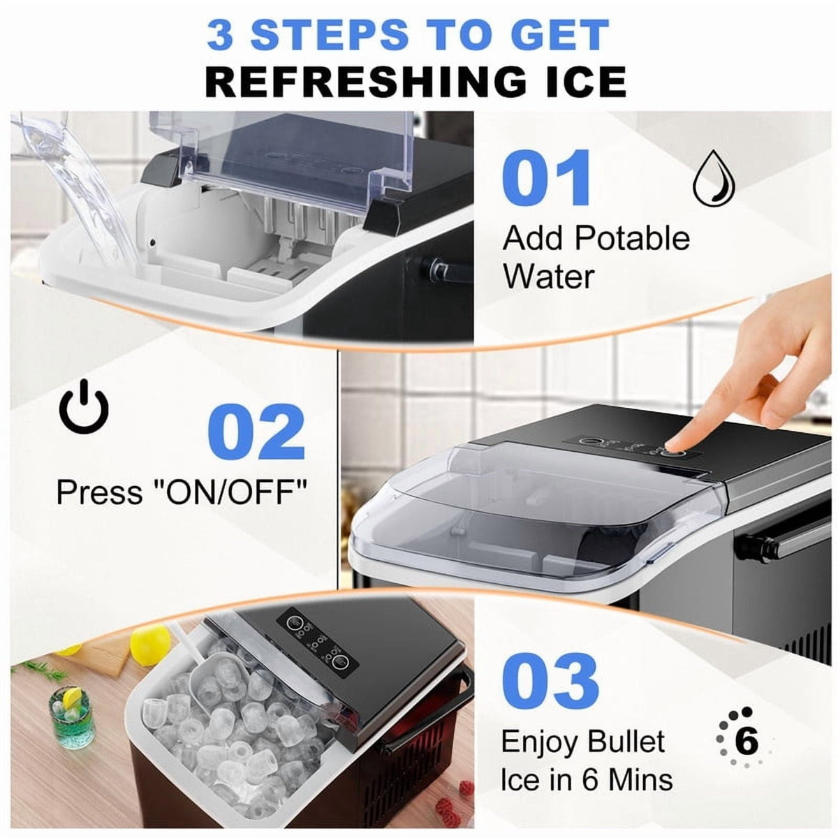 Countertop Ice Maker, 9 Bullet Ice Cubes in 6 Mins, 26lbs/24H, w/