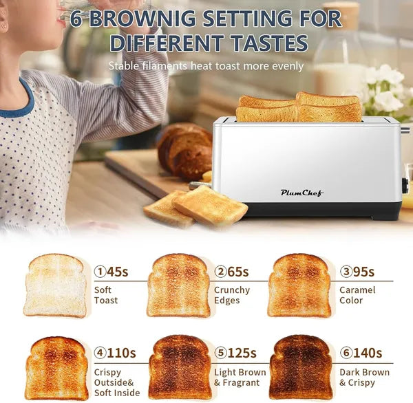 4-Slice Toaster, Extra Wide Long Slot Toaster, 6 Browning Settings,