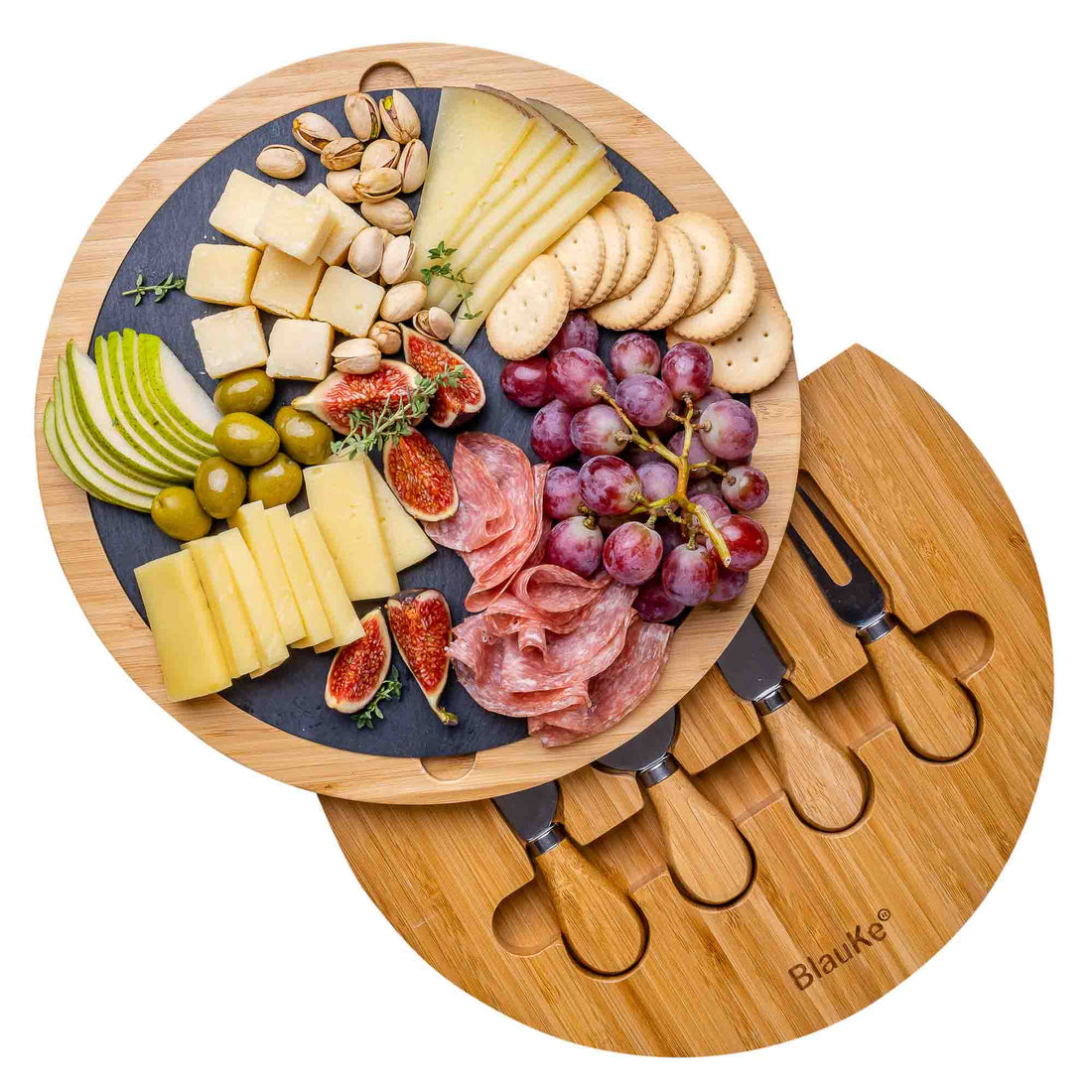 Round cheese board with knives