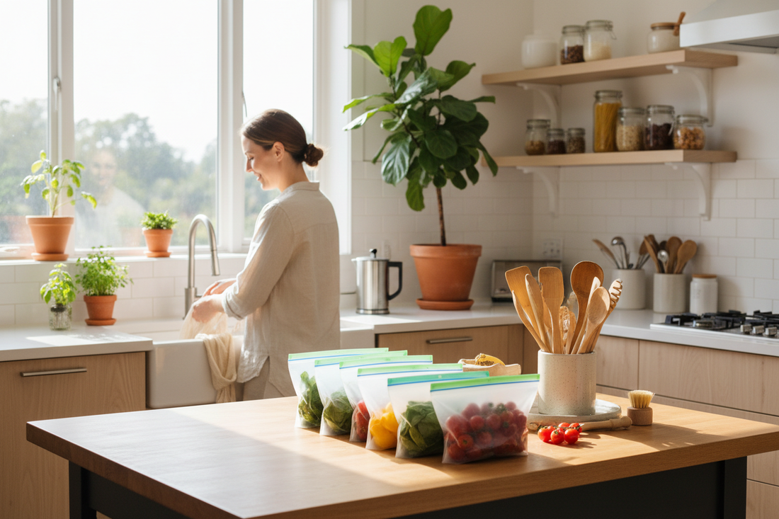 Eco-friendly kitchen tools and reusable bags on a bright modern kitchen counter