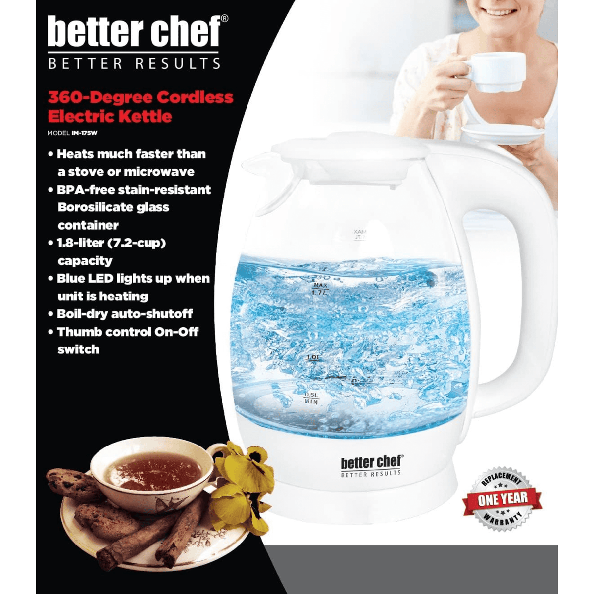 Better Chef 7-Cup Cordless Borosilicate Glass Electric Kettle with LED