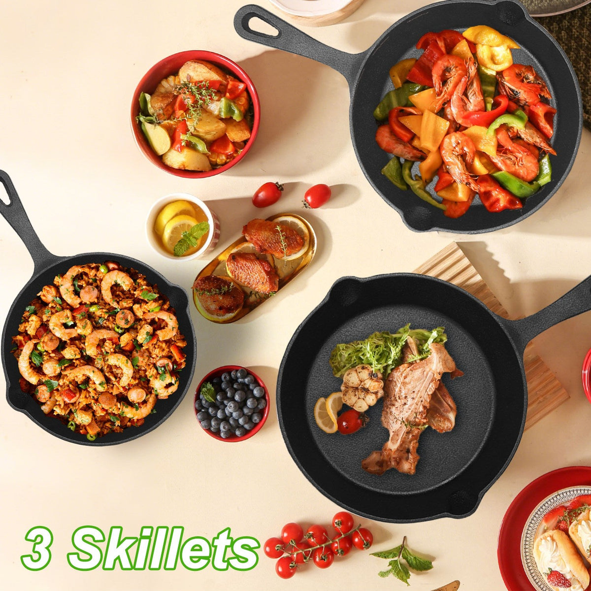 3Pcs Pre-Seasoned Cast Iron Skillet Set For Indoor Outdoor 6in 8in