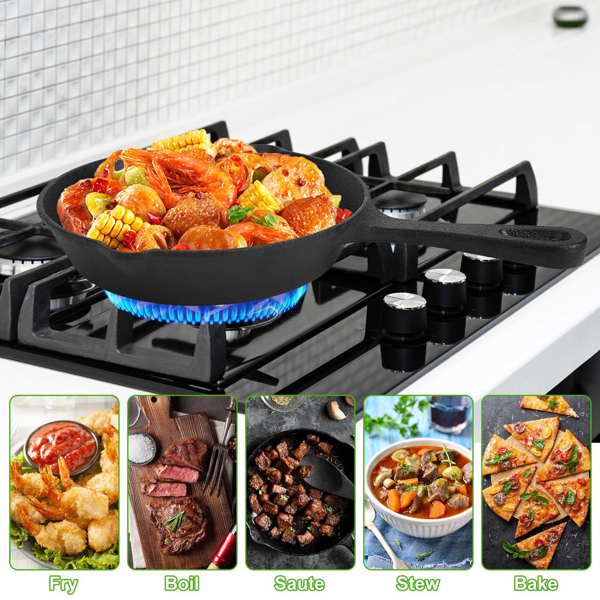 3Pcs Pre-Seasoned Cast Iron Skillet Set For Indoor Outdoor 6in 8in