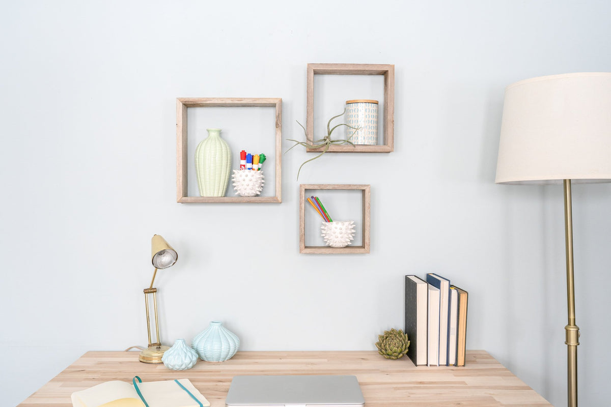 Set of 3 Square Espresso Reclaimed Wood Open Box Shelve
