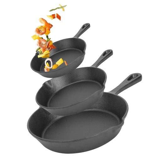 3Pcs Pre-Seasoned Cast Iron Skillet Set For Indoor Outdoor 6in 8in