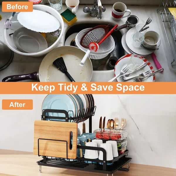 2-Tier Dish Drying Rack For Kitchen Counter Space Saving Rustproof