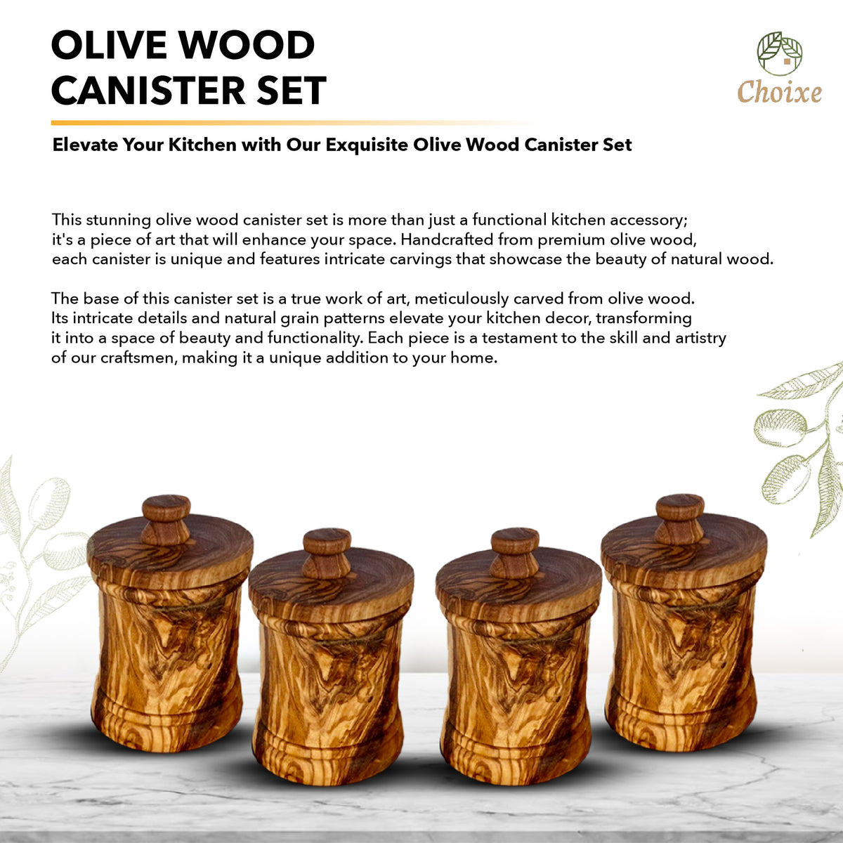 Olive Wood Canister Set – Handcrafted Kitchen Storage Jars for Coffee, Tea & Spices