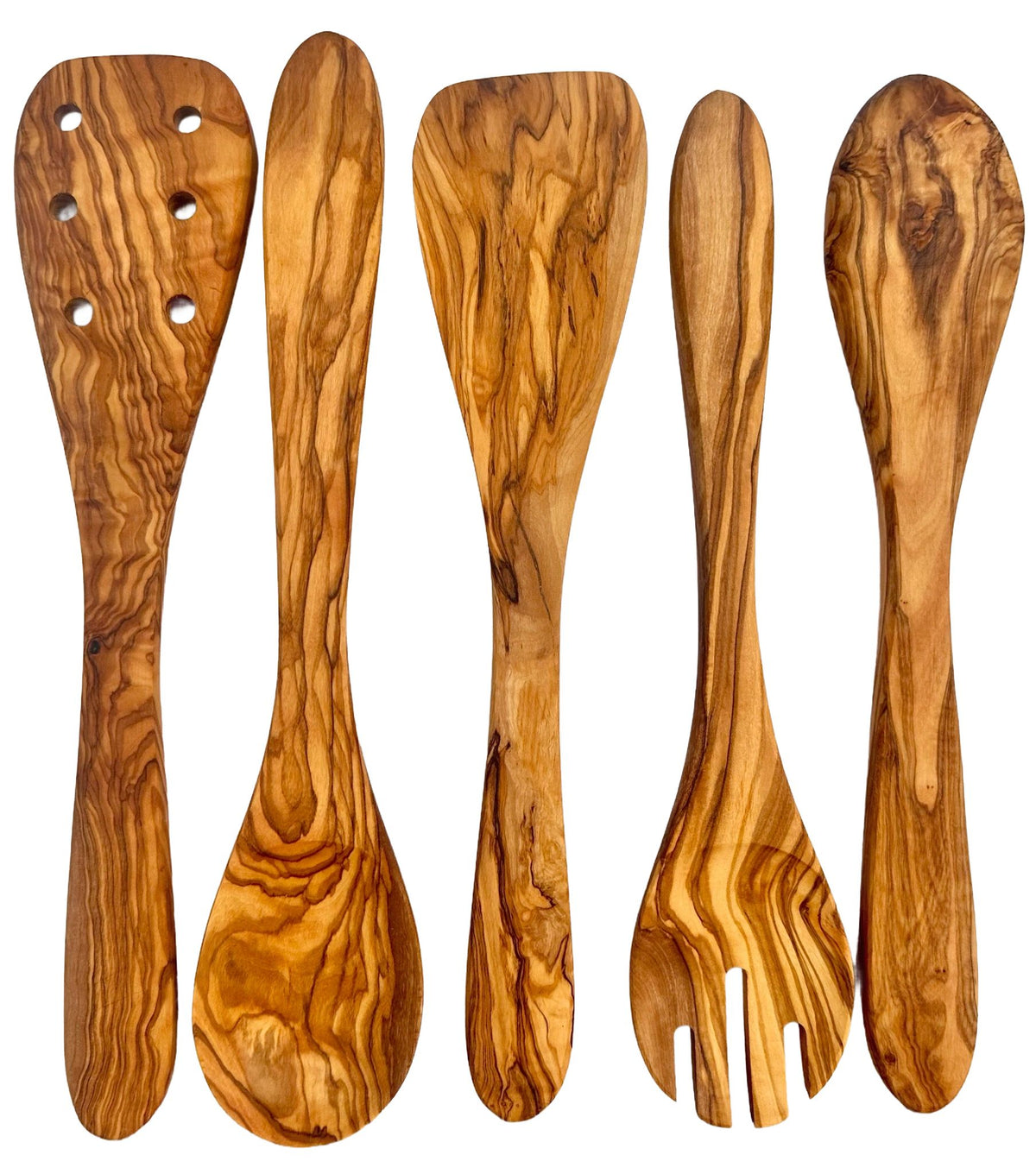Olive Wood Kitchen Servers Set of 5 – Handcrafted Salad Serving Utensils