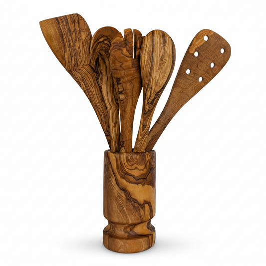 Olive Wood Kitchen Servers Set of 6 with Holder – Handcrafted Salad Serving Utensils